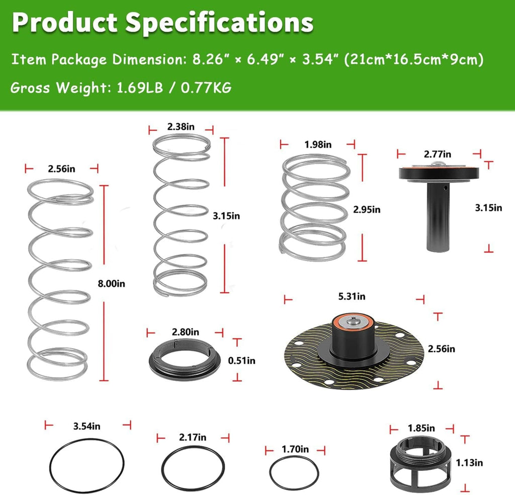 Repair kit parts with size guide: springs, O-ring seals, relief valve plunger dimensions