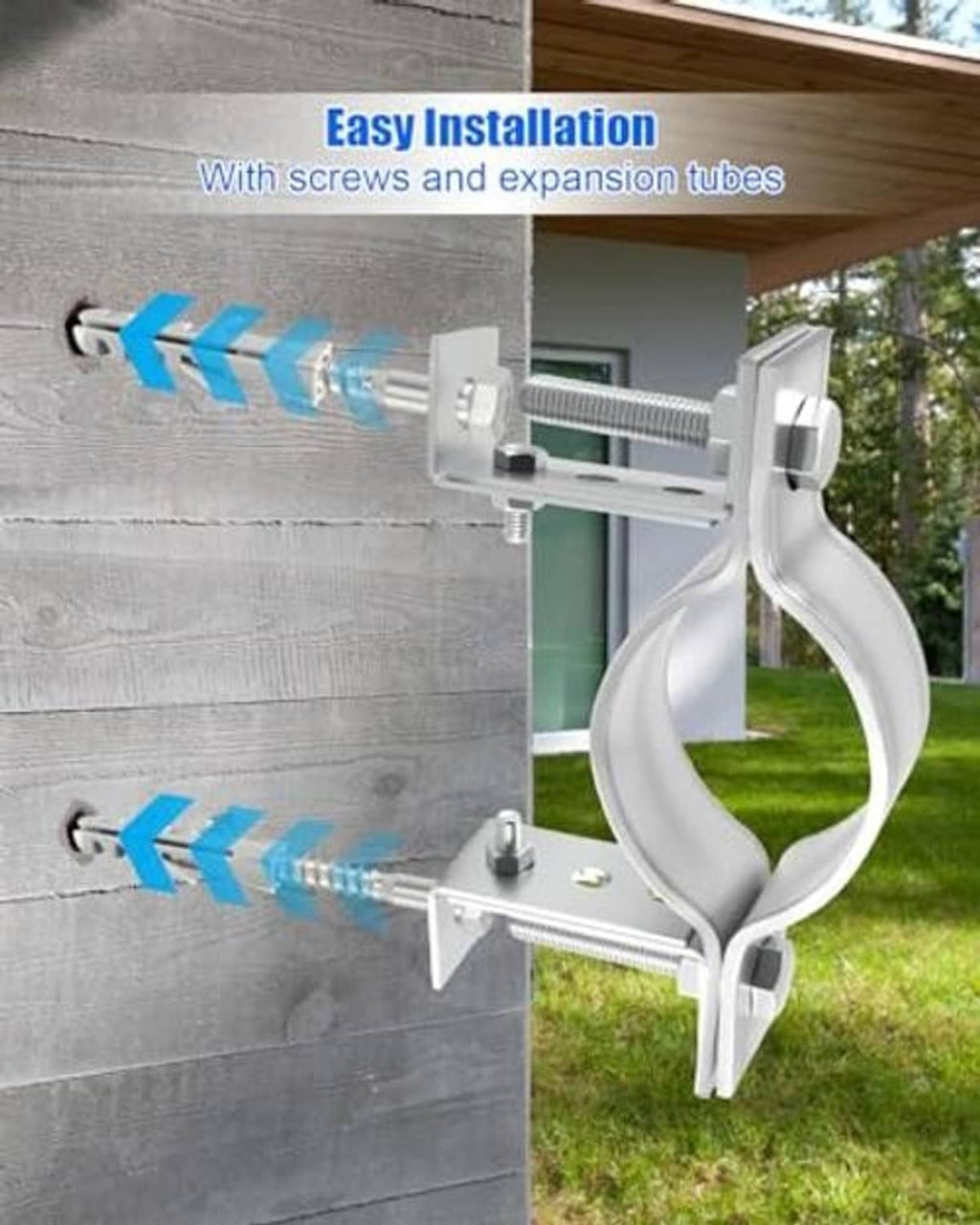 Wall-mounted split-ring pipe bracket with expansion tubes and clamp ring, gray metal