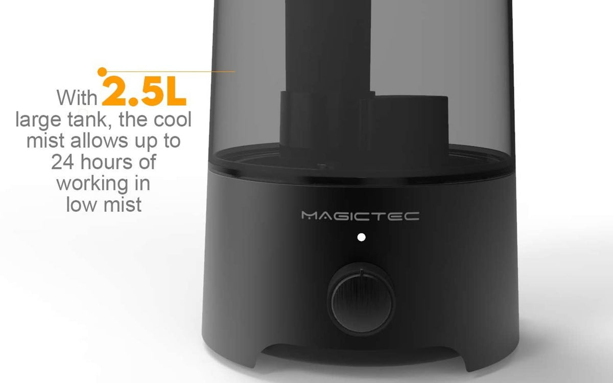 Black cool mist humidifier front view with central knob and top mist nozzle