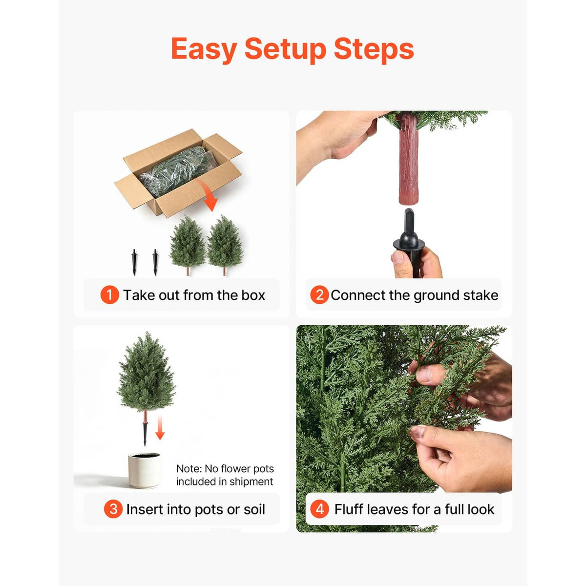 Artificial cedar topiary bush setup steps: insert into pot soil and fluff leaves