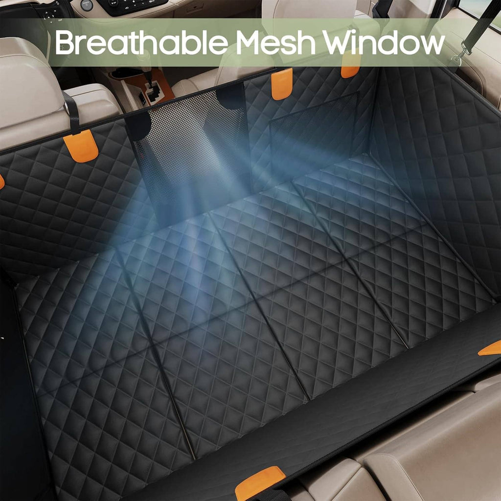 Black quilted dog car seat cover with breathable mesh window and orange strap tabs