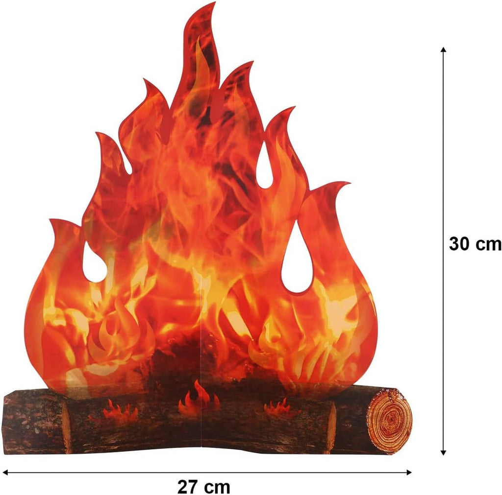 3D fake campfire decoration with two flames on logs, showing size 30 cm tall