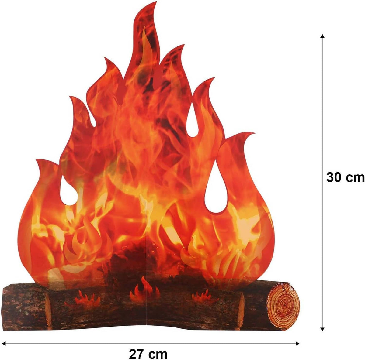 3D fake campfire decoration with two flames on logs, showing size 30 cm tall