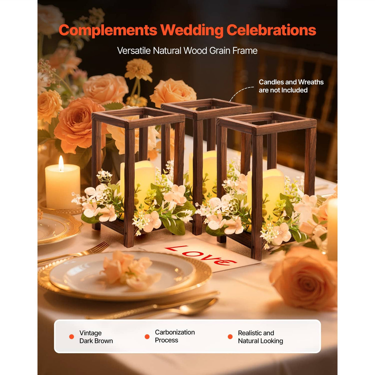 Brown wooden candle lantern set with open frames, styled with flowers and candles