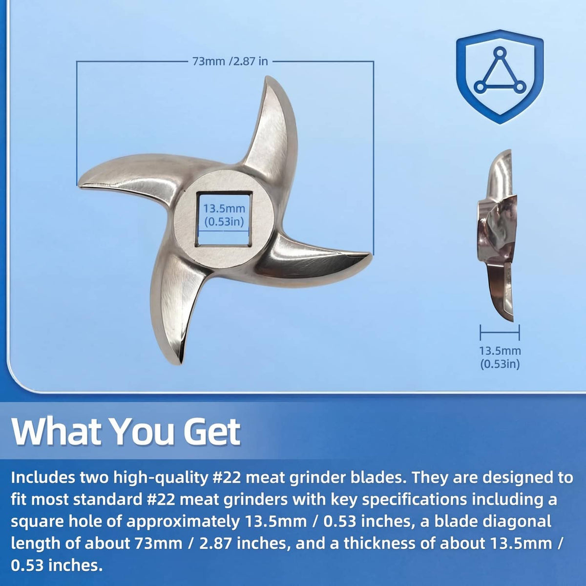Stainless steel #22 meat grinder blade with size diagram (73 mm x 13.5 mm)