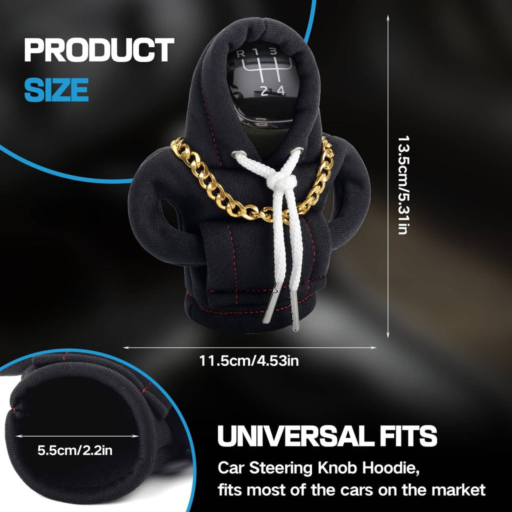 Black gear shift knob hoodie cover with hood opening, gold chain, white lace ties, red stitching