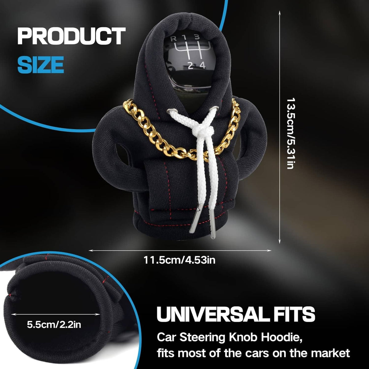 Black gear shift knob hoodie cover with hood opening, gold chain, white lace ties, red stitching