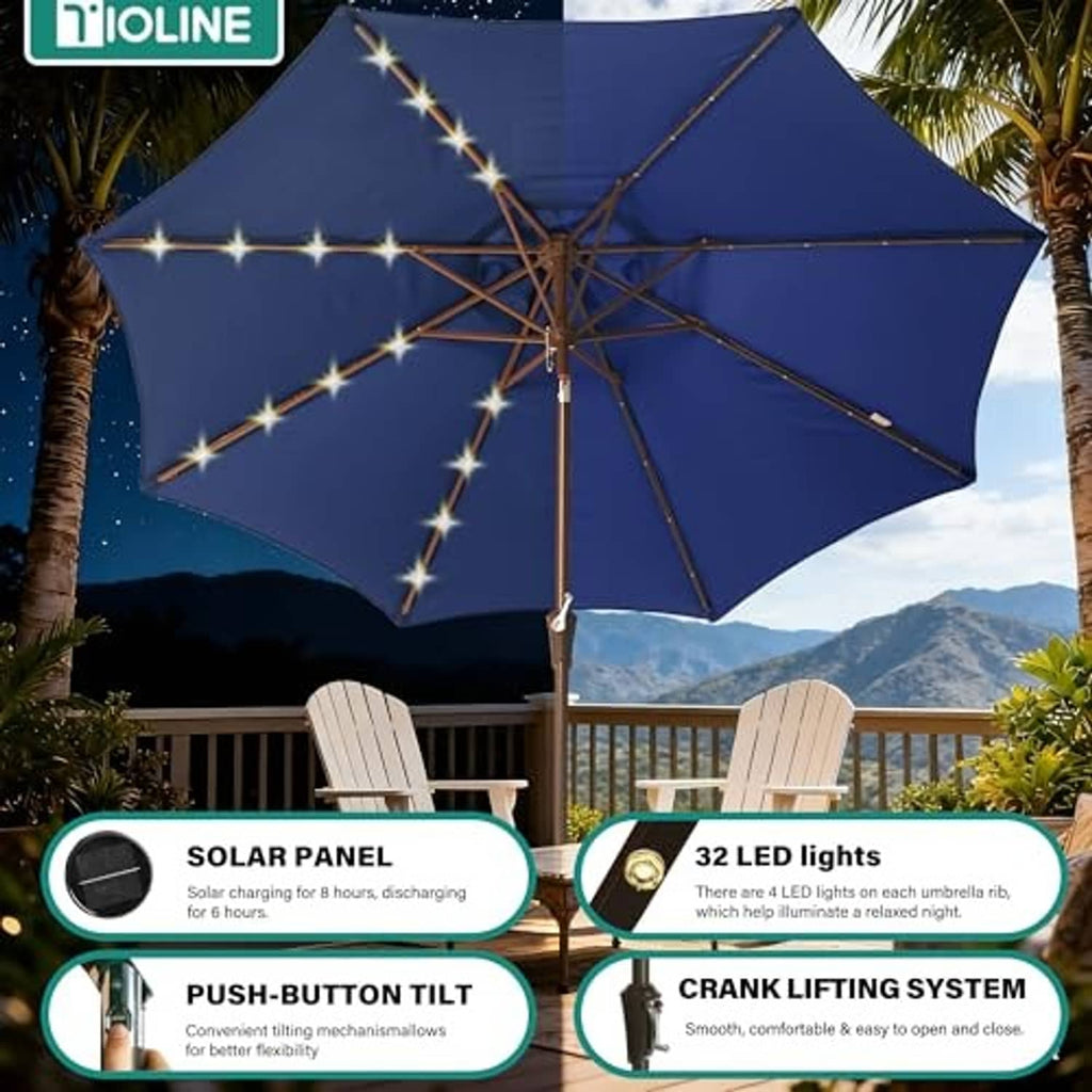 Navy LED patio umbrella open with radial light strings across the canopy