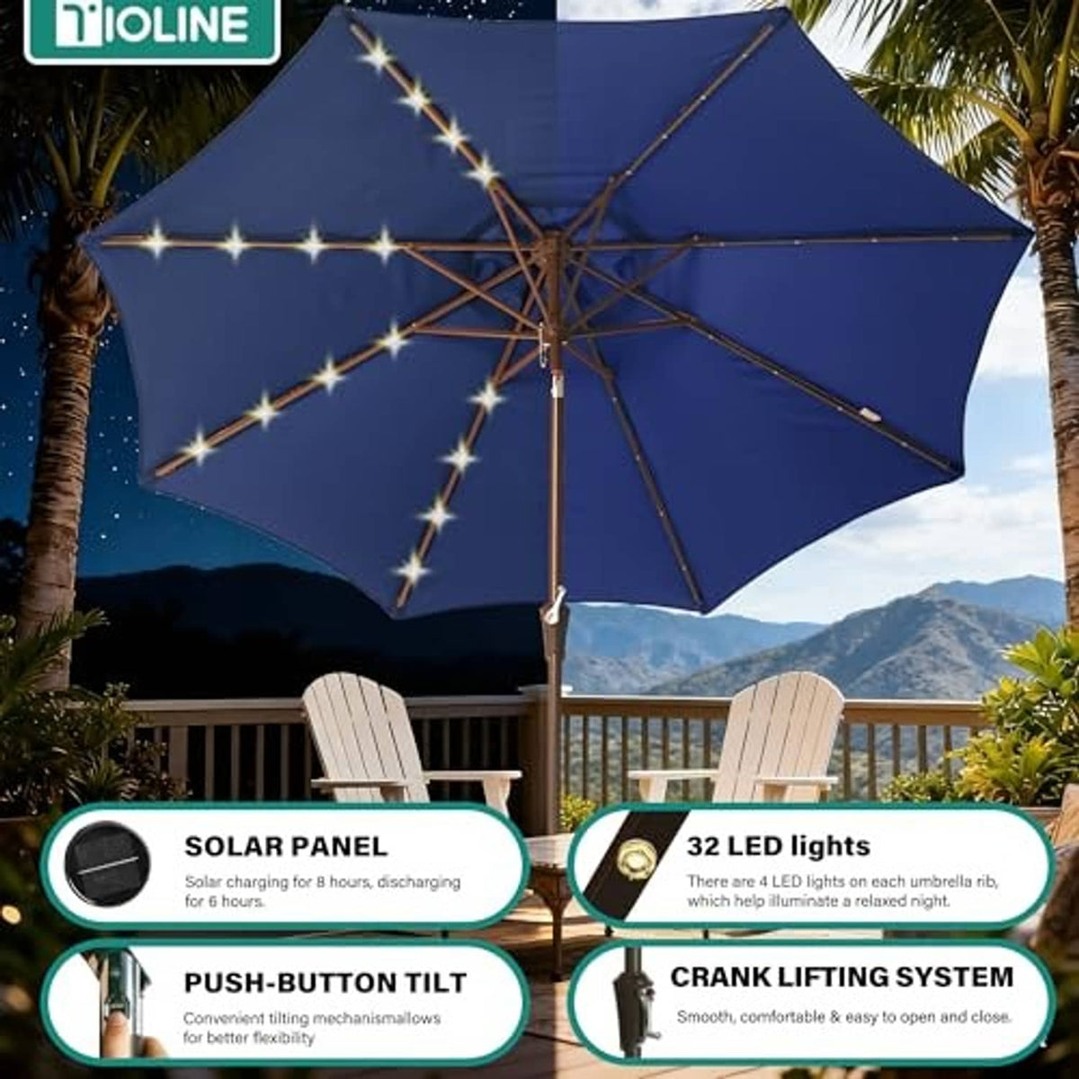 Navy LED patio umbrella open with radial light strings across the canopy