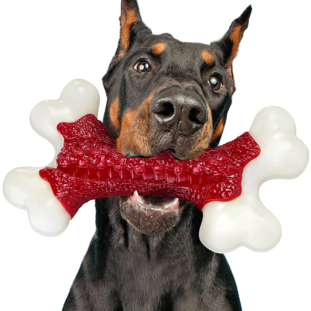 Red textured bone-shaped dog chew toy with white knobby ends