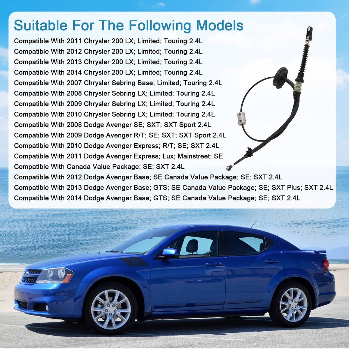 Auto transmission shift cable kit laid over car front view, black cable with connectors