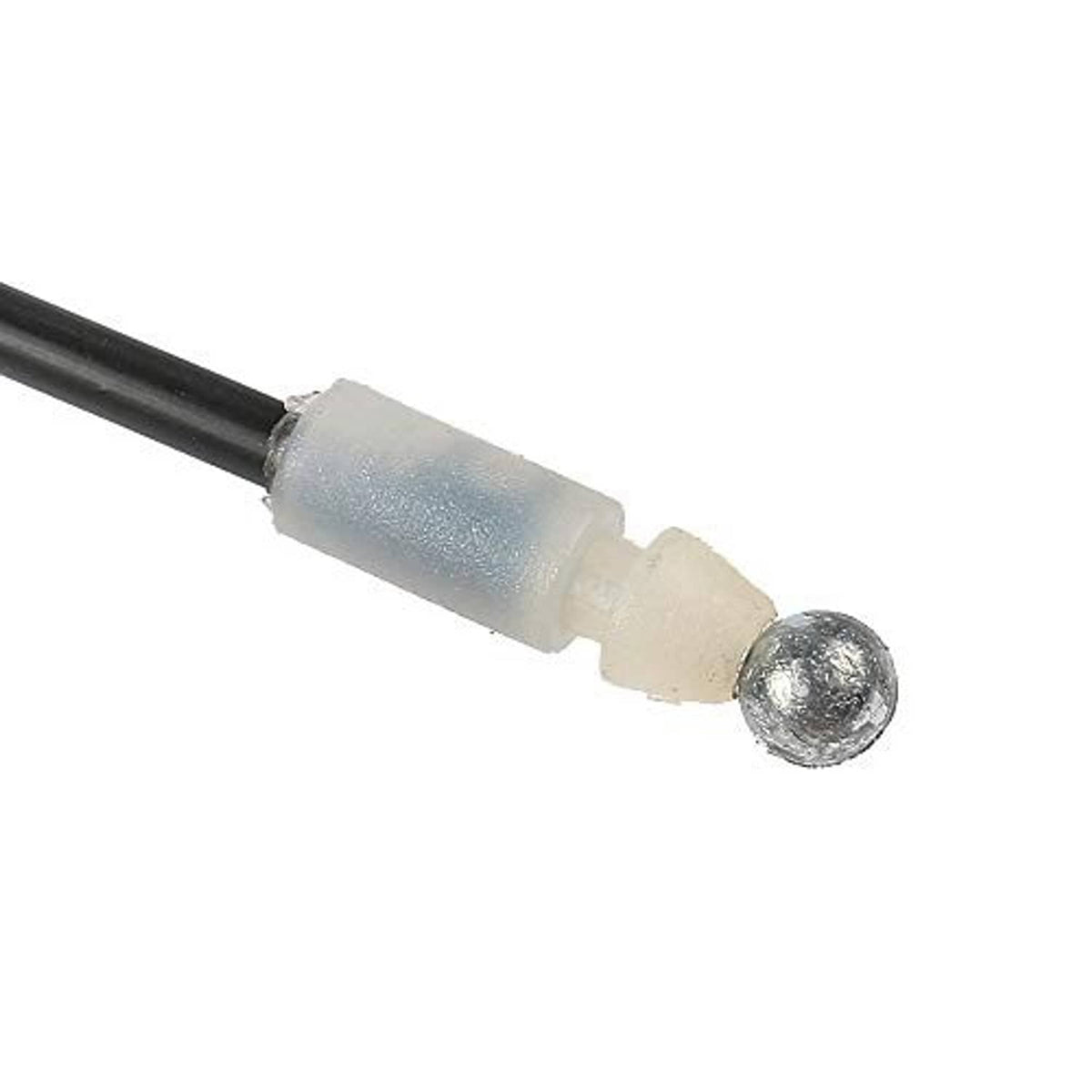 Hood latch cable end with clear sleeve and round metal ball
