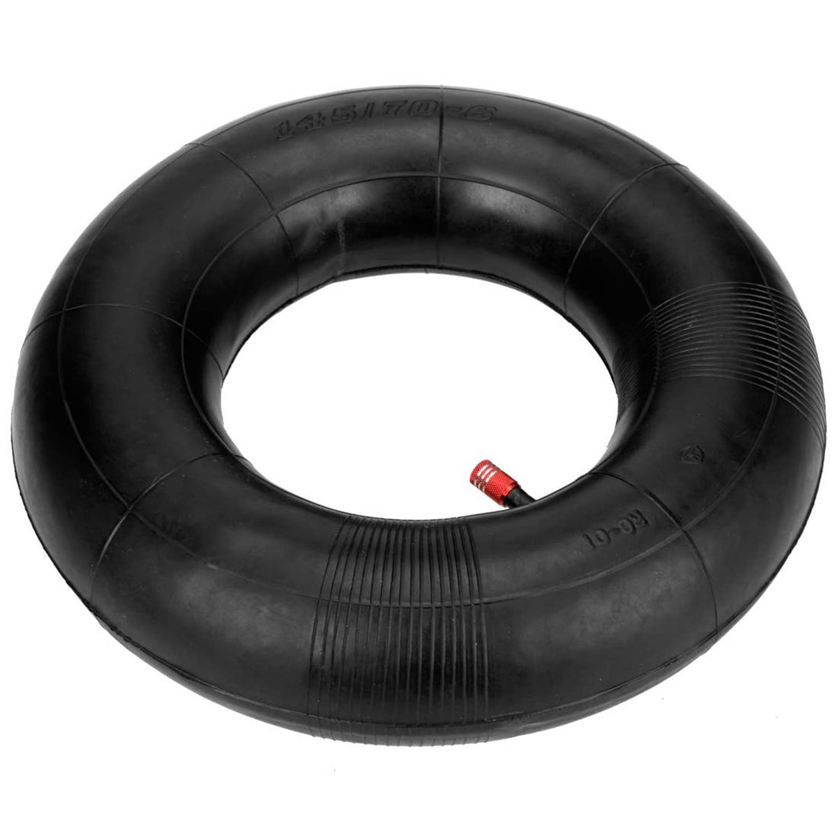Black inner tube with red valve stem and blue rim stripe, 145/70-6