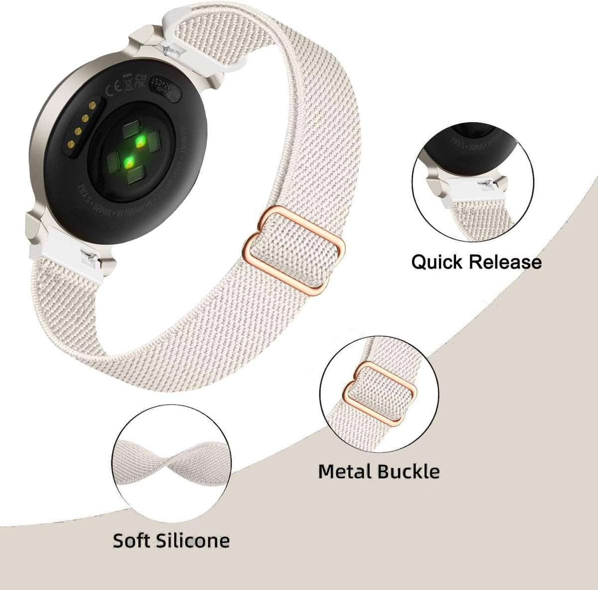 Woven watch band with metal buckle and quick-release hardware, white/gray loop