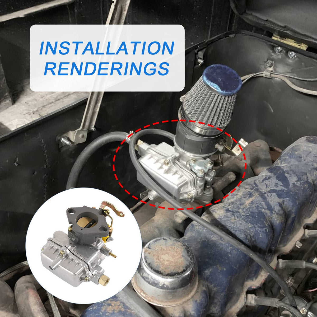 Carburetor installed on engine intake, silver body with brass choke components.