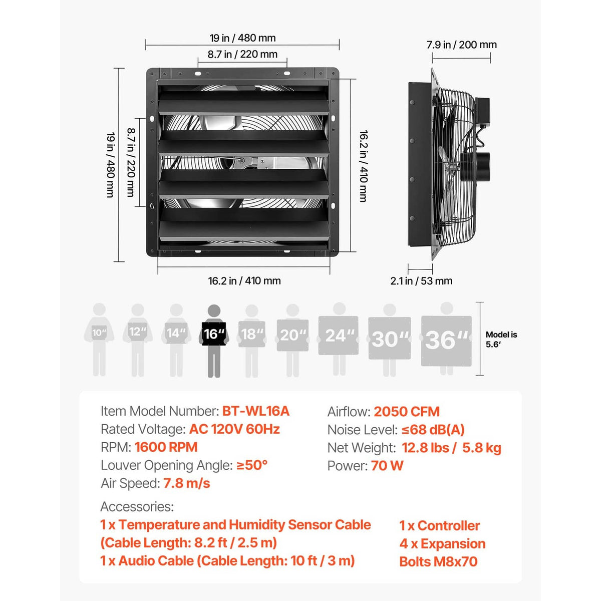 Wall-mounted exhaust fan size diagram, 16-inch black louvered unit with mounting holes