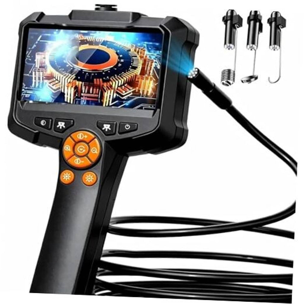 Handheld borescope camera with color screen, orange control dial, and probe attachments