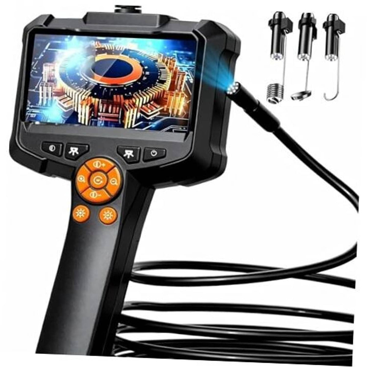 Handheld borescope camera with color screen, orange control dial, and probe attachments