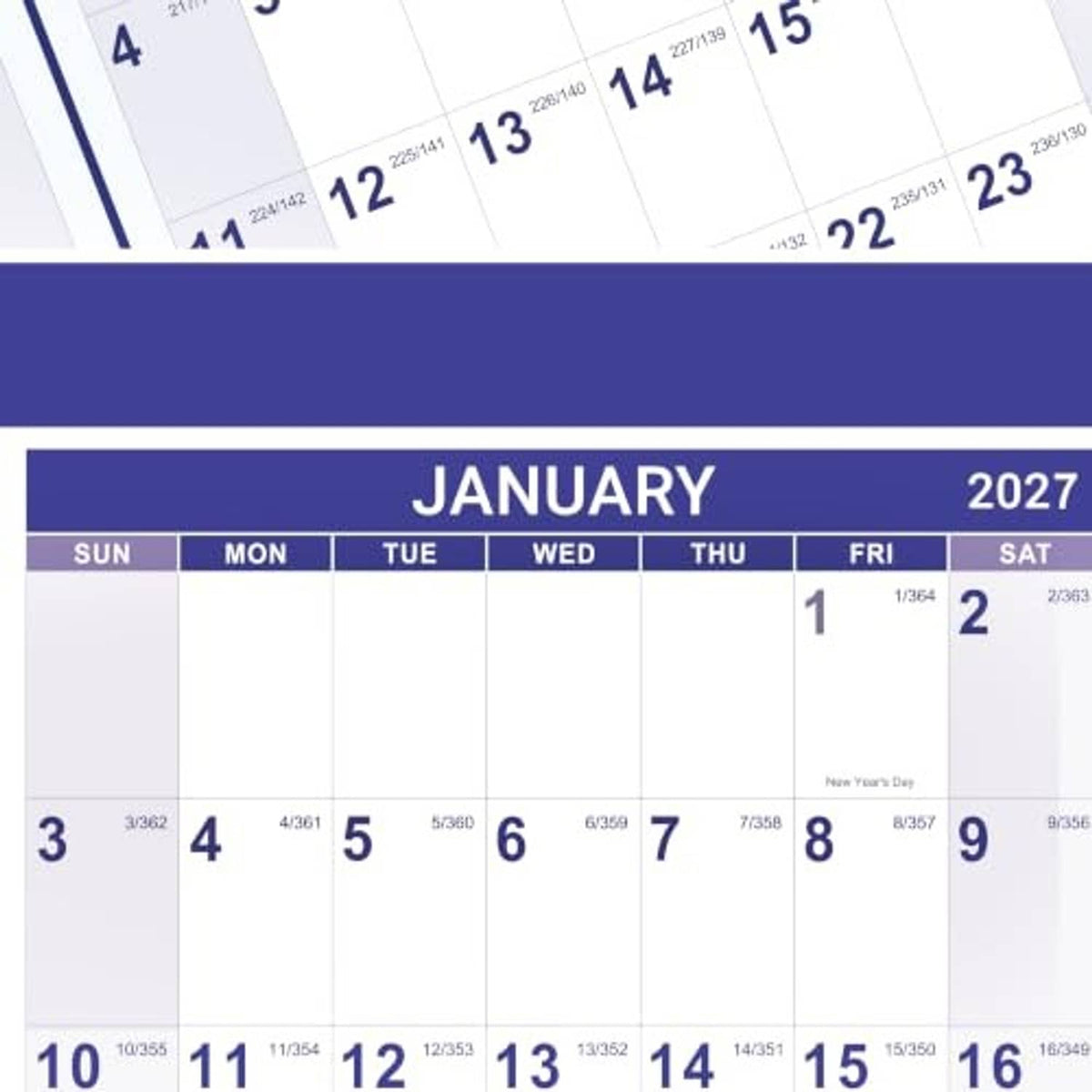 January 2027 calendar page with purple top band and weekly date grid