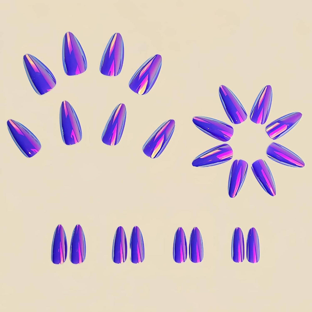 Purple chrome almond press-on nails laid out, glossy reflective metallic sheen