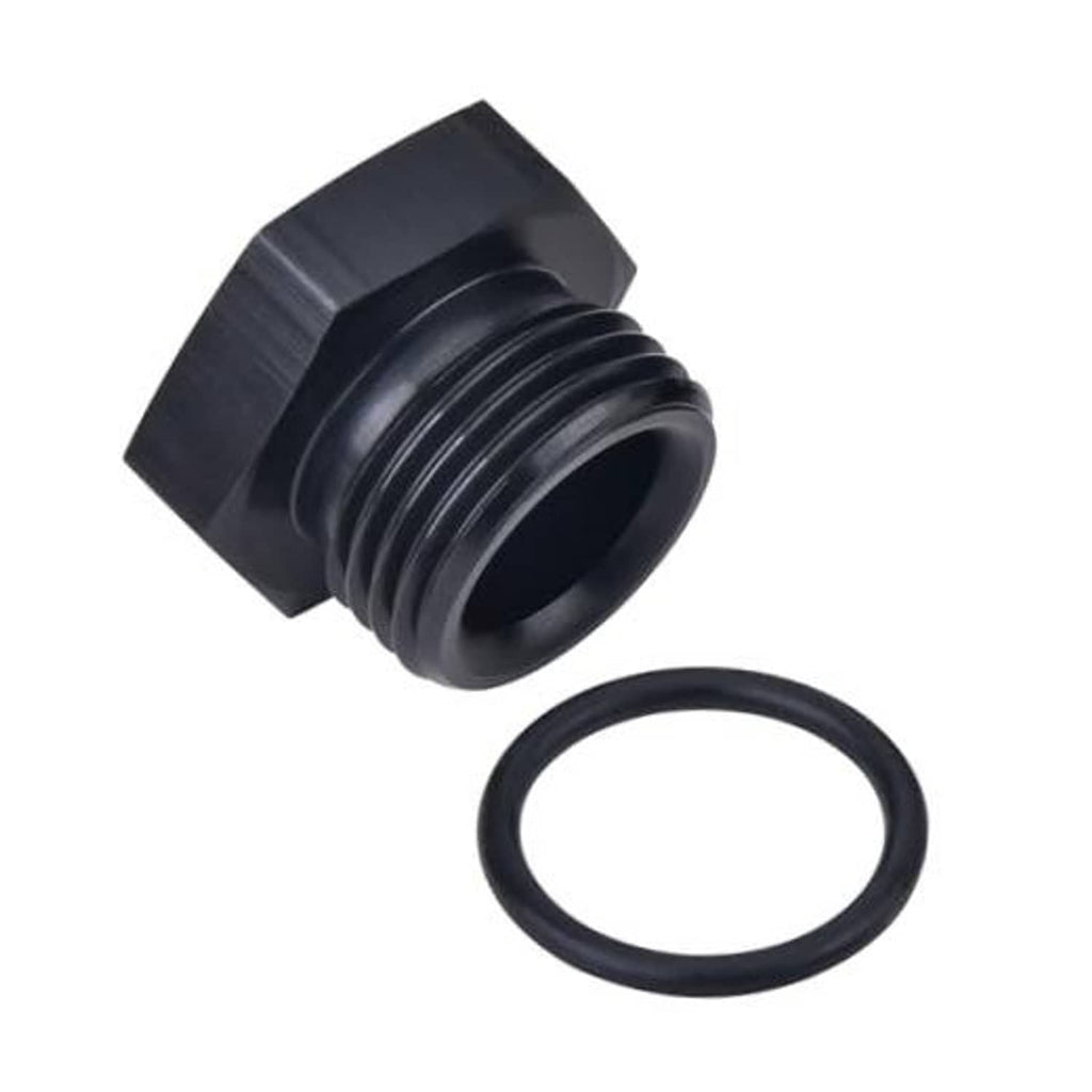 Black AN plug cap male fitting adapter with O-ring seal, threaded profile
