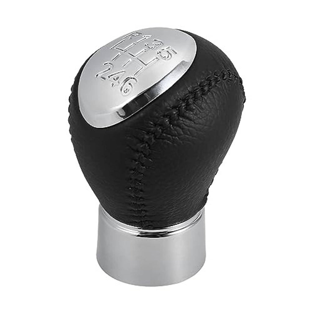 Black leather 6-speed gear shift knob with silver top cap and engraved numbered gear layout