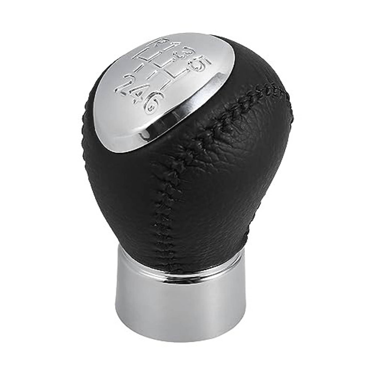 Black leather 6-speed gear shift knob with silver top cap and engraved numbered gear layout