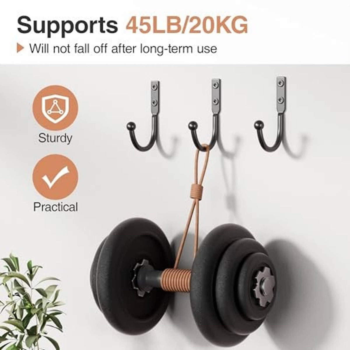 Black metal wall hooks with curved hook ends and mounting plates
