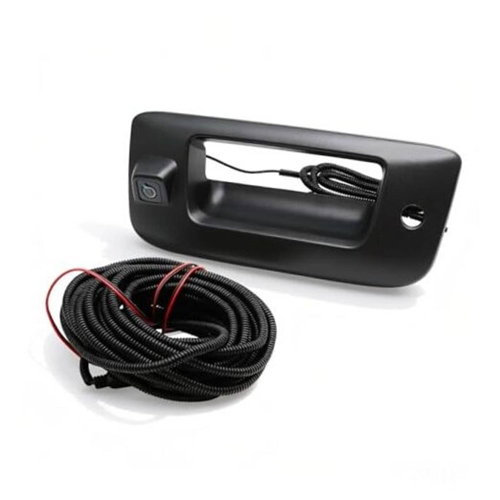 Black tailgate handle backup camera with coiled wiring cable harness