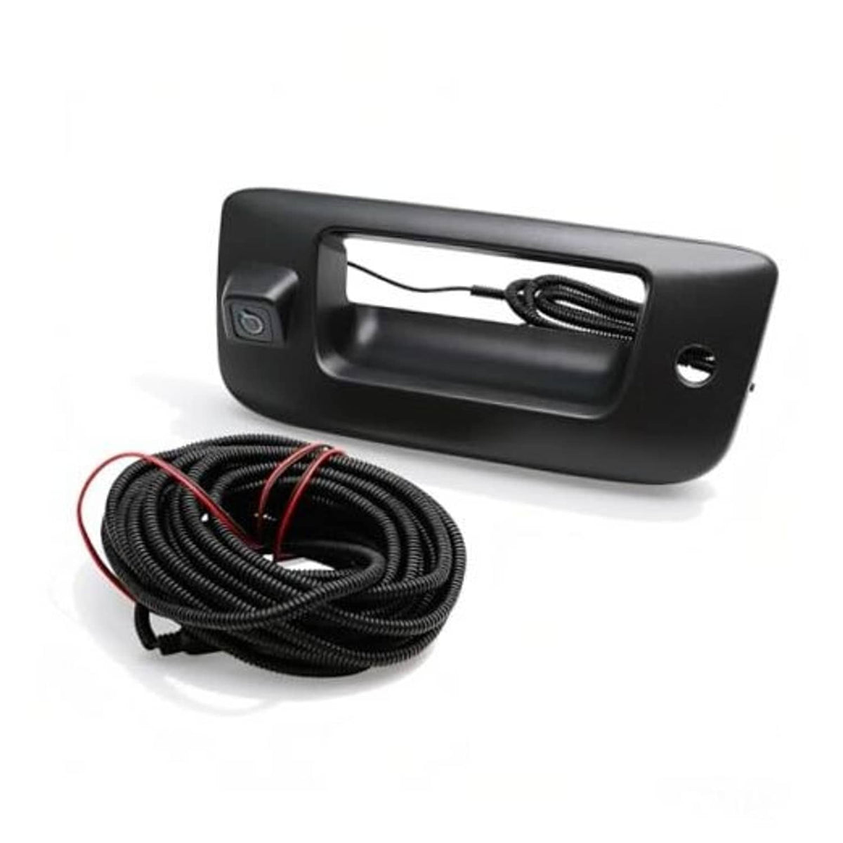 Black tailgate handle backup camera with coiled wiring cable harness
