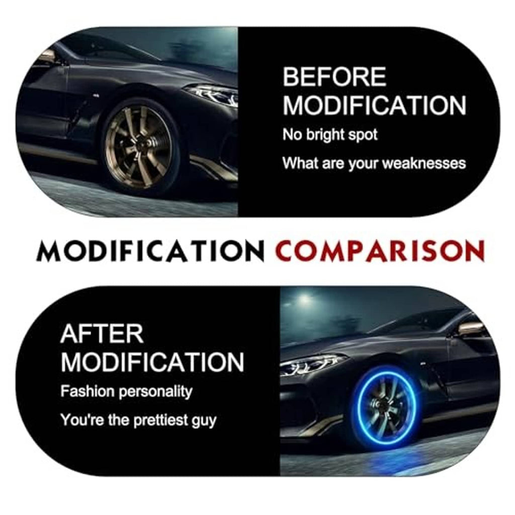 Car wheel with blue glowing LED valve stem lights installed on the tire