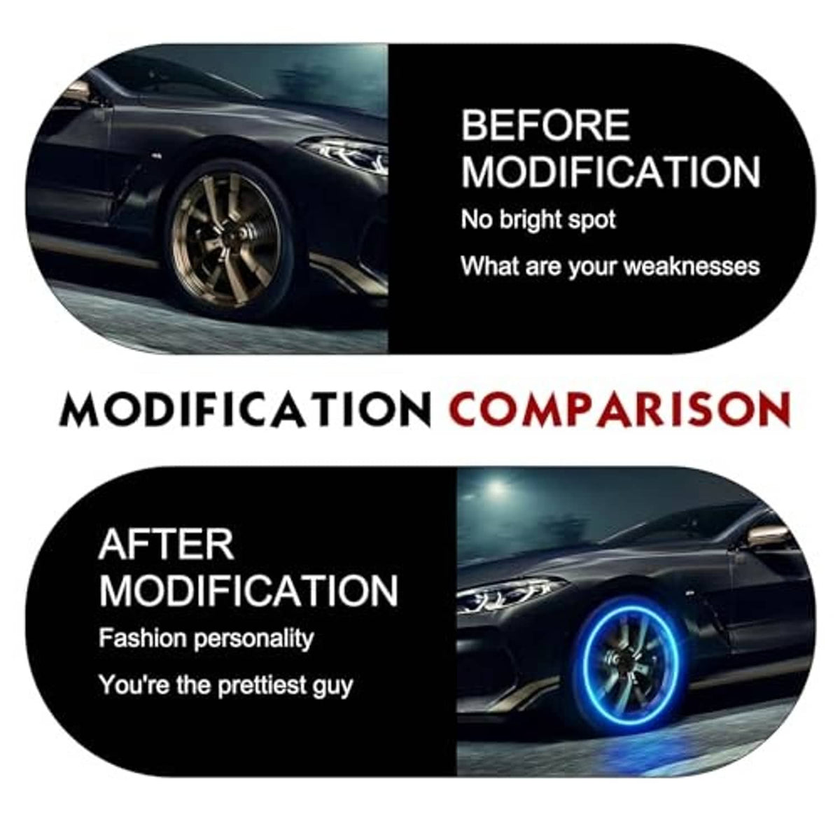 Car wheel with blue glowing LED valve stem lights installed on the tire
