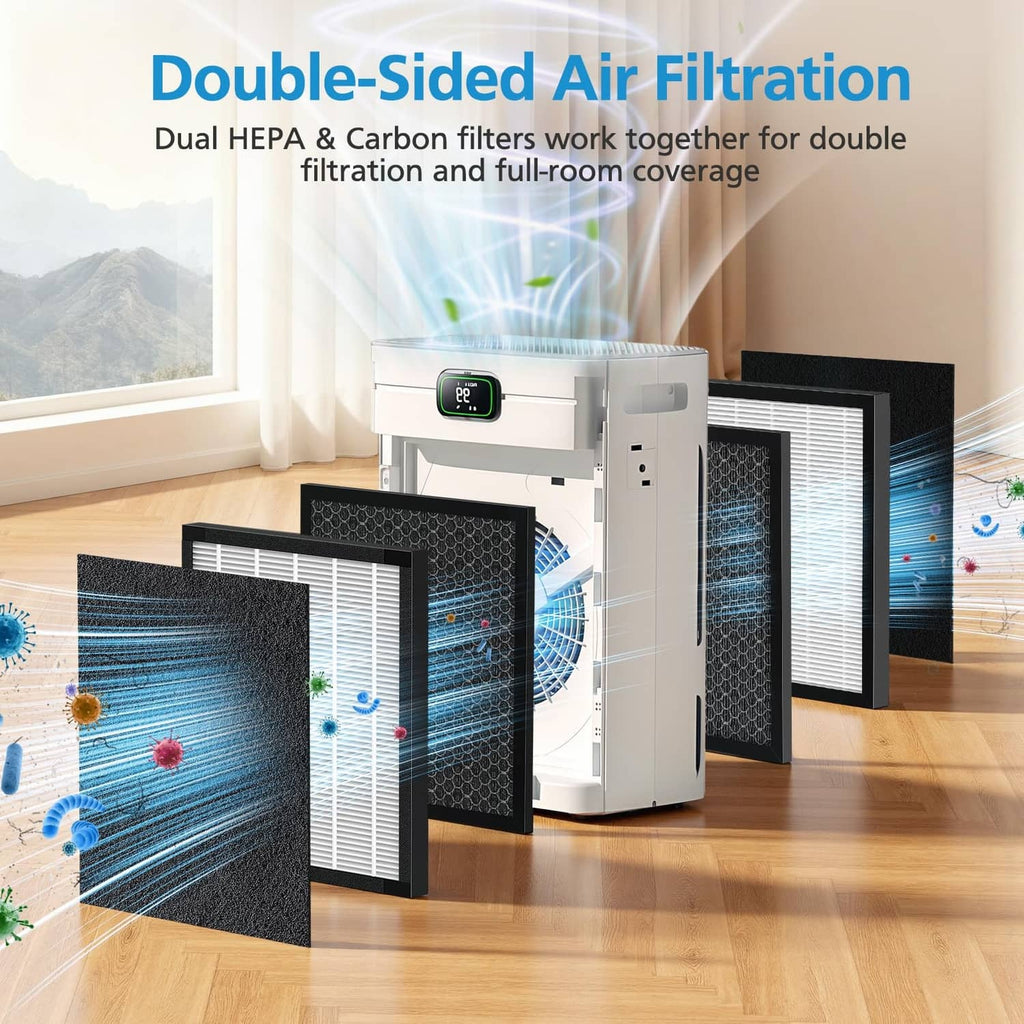 Double-sided replacement air filters featuring black carbon pads and white HEPA pleats