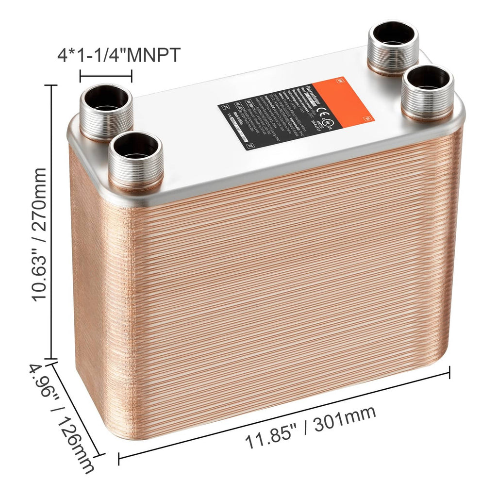 Copper brazed plate heat exchanger with four 4-1/4 MNPT threaded ports, top view