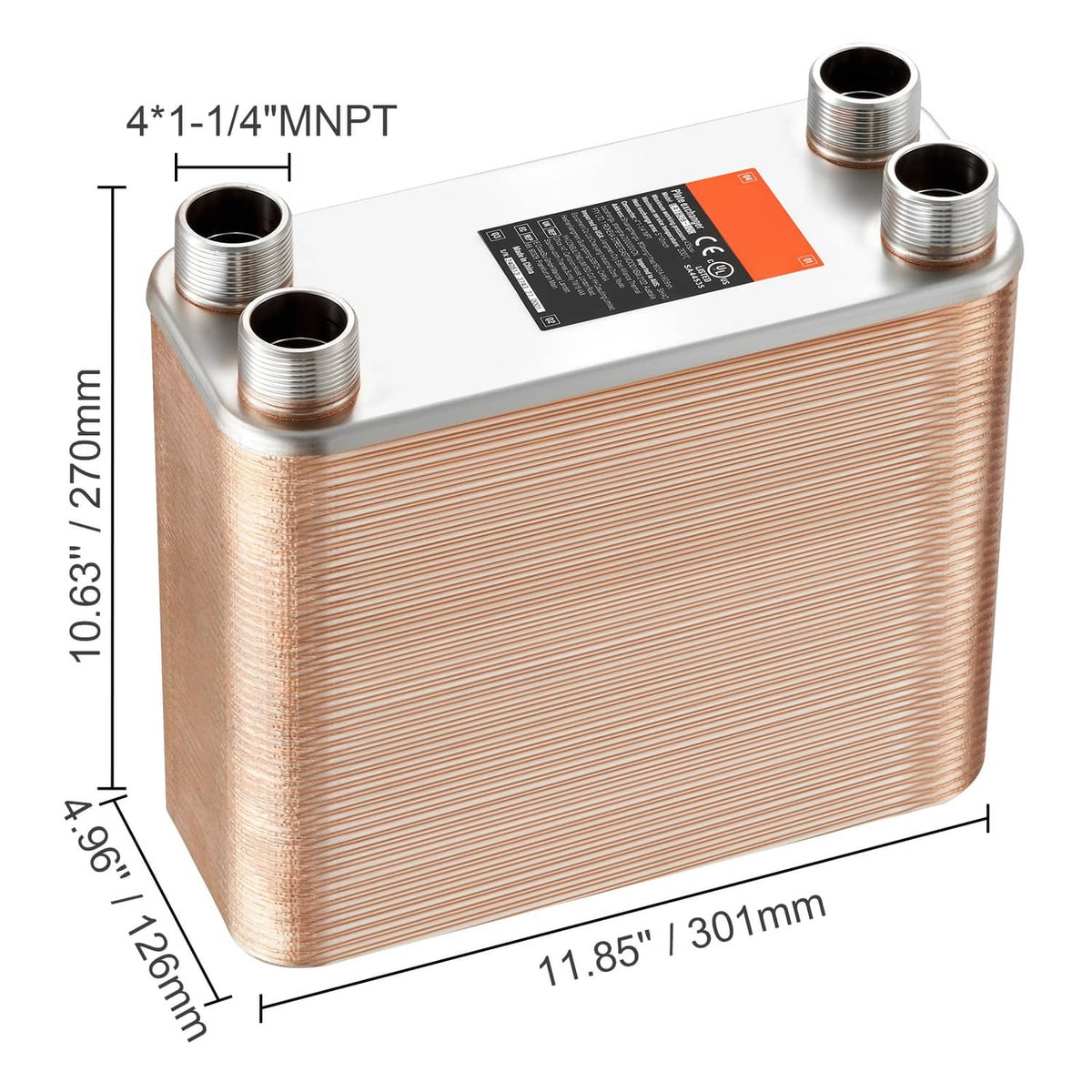 Copper brazed plate heat exchanger with four 4-1/4 MNPT threaded ports, top view