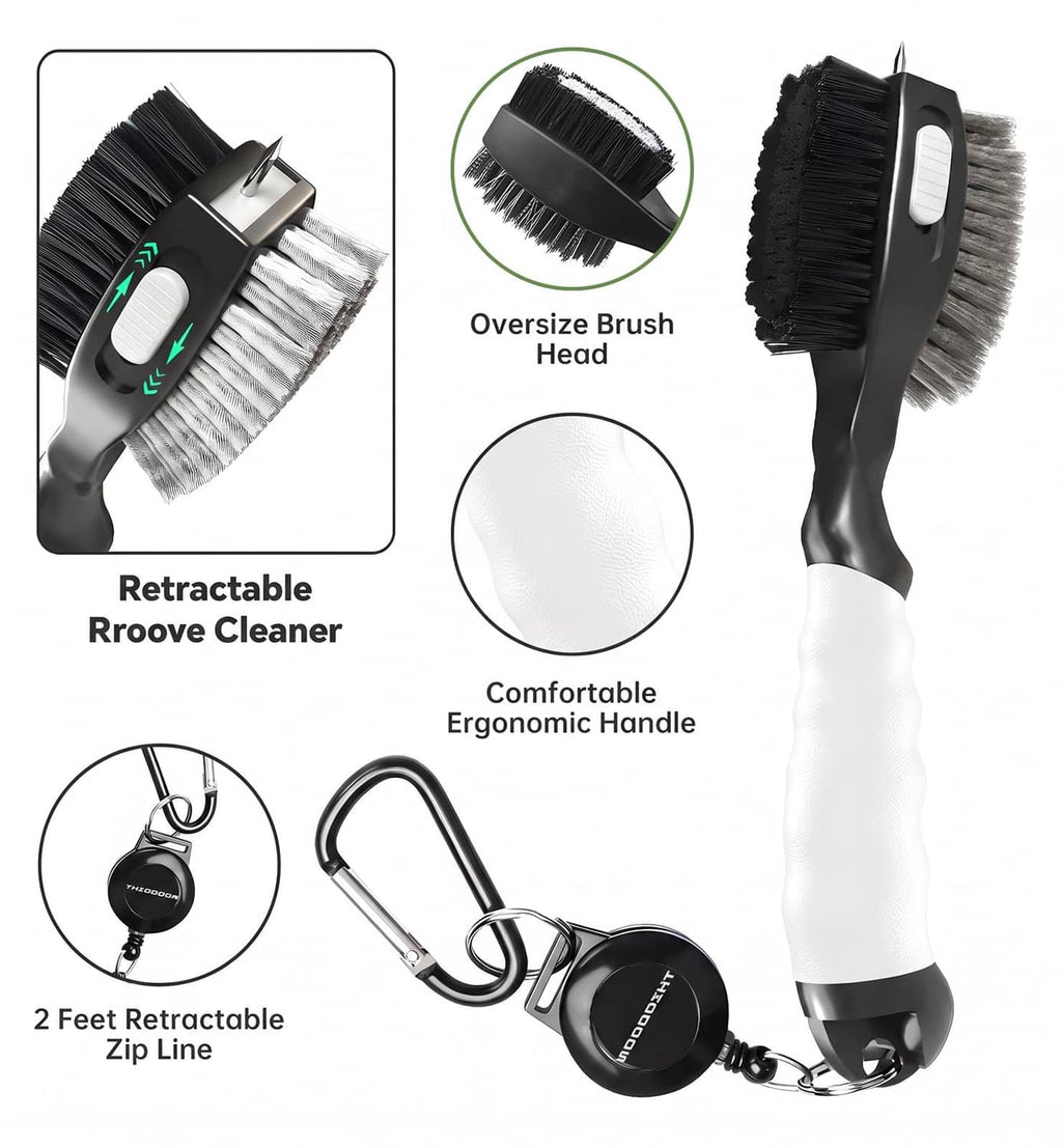 Retractable groove-cleaner brush with large bristle head and 2-ft retractable zip line