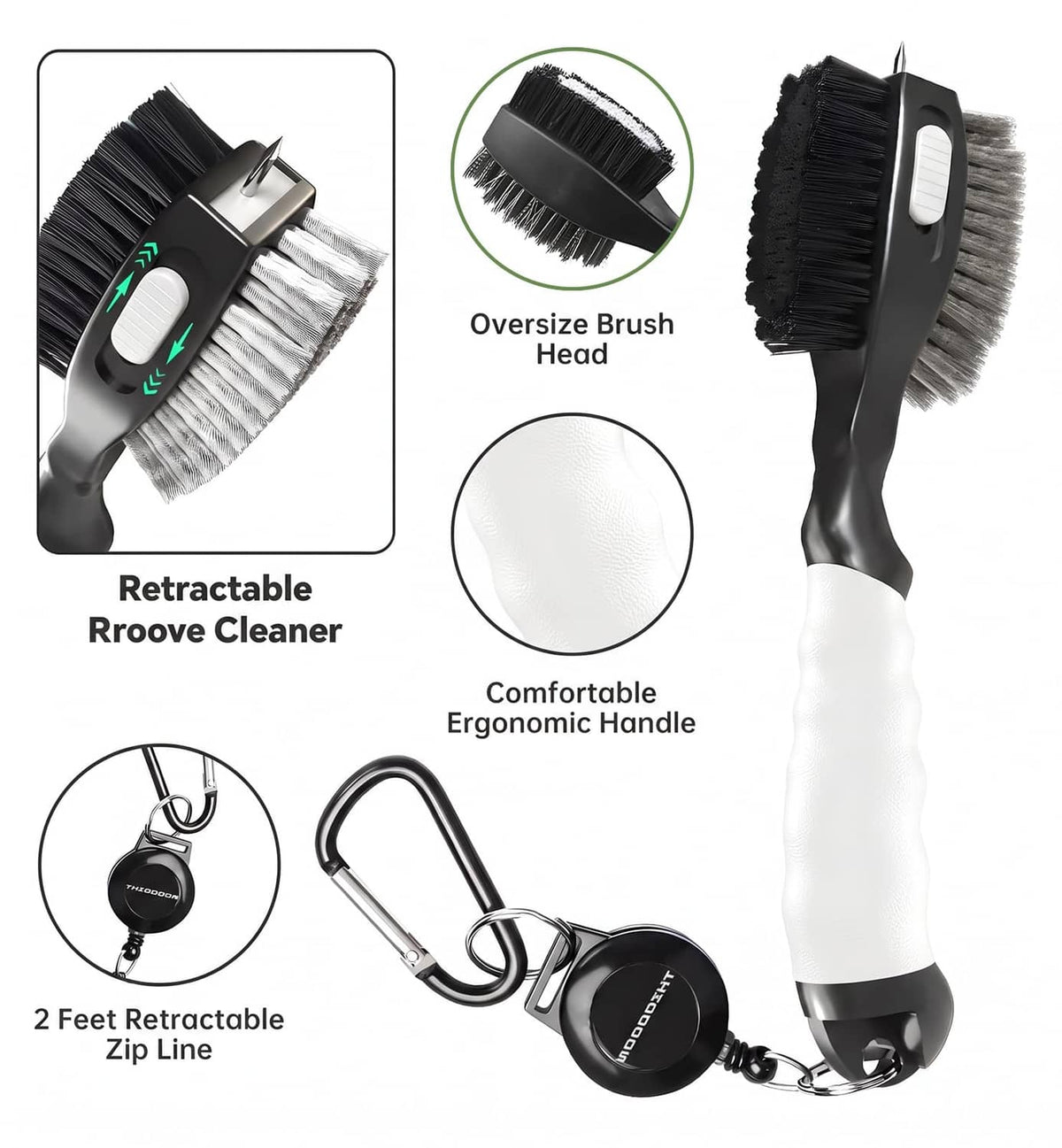 Retractable groove-cleaner brush with large bristle head and 2-ft retractable zip line