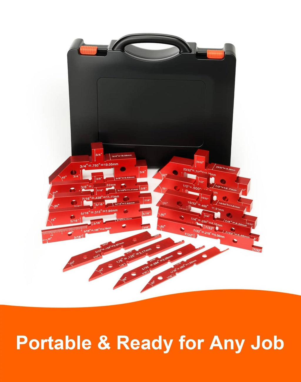 14-piece red aluminum woodworking setup blocks displayed in black portable case