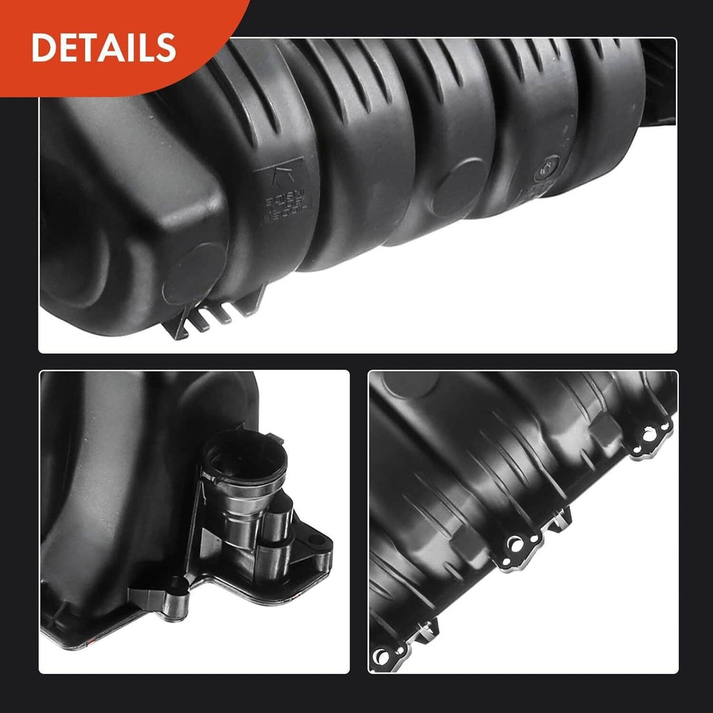 Ribbed black intake manifold housing with outlet ports and mounting hardware
