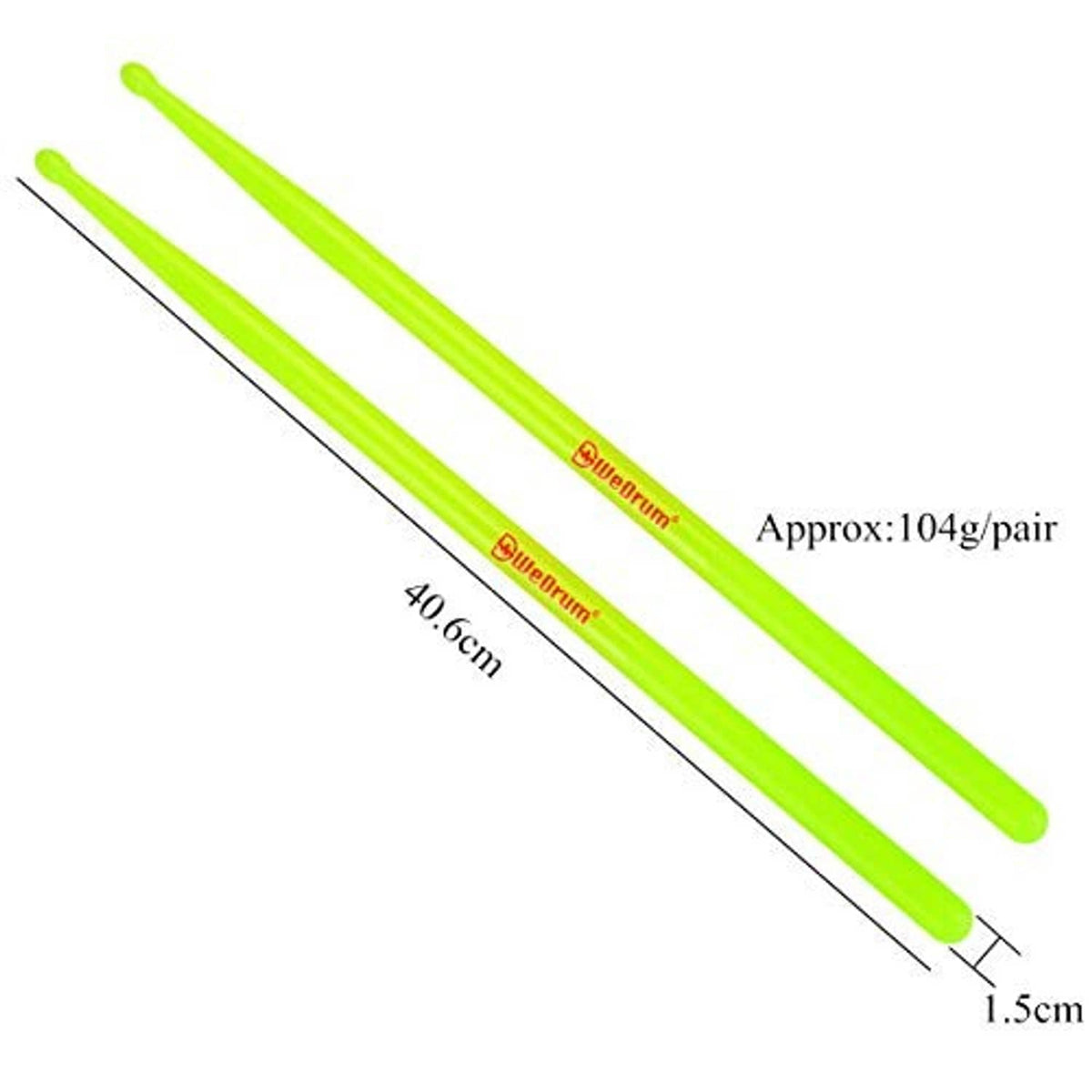 Neon green glow drum sticks, pair with approx 40.6 cm length and 1.5 cm width