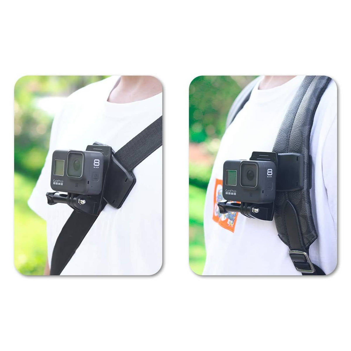 Action camera attached to a cross-body strap using the quick-clip mount bracket