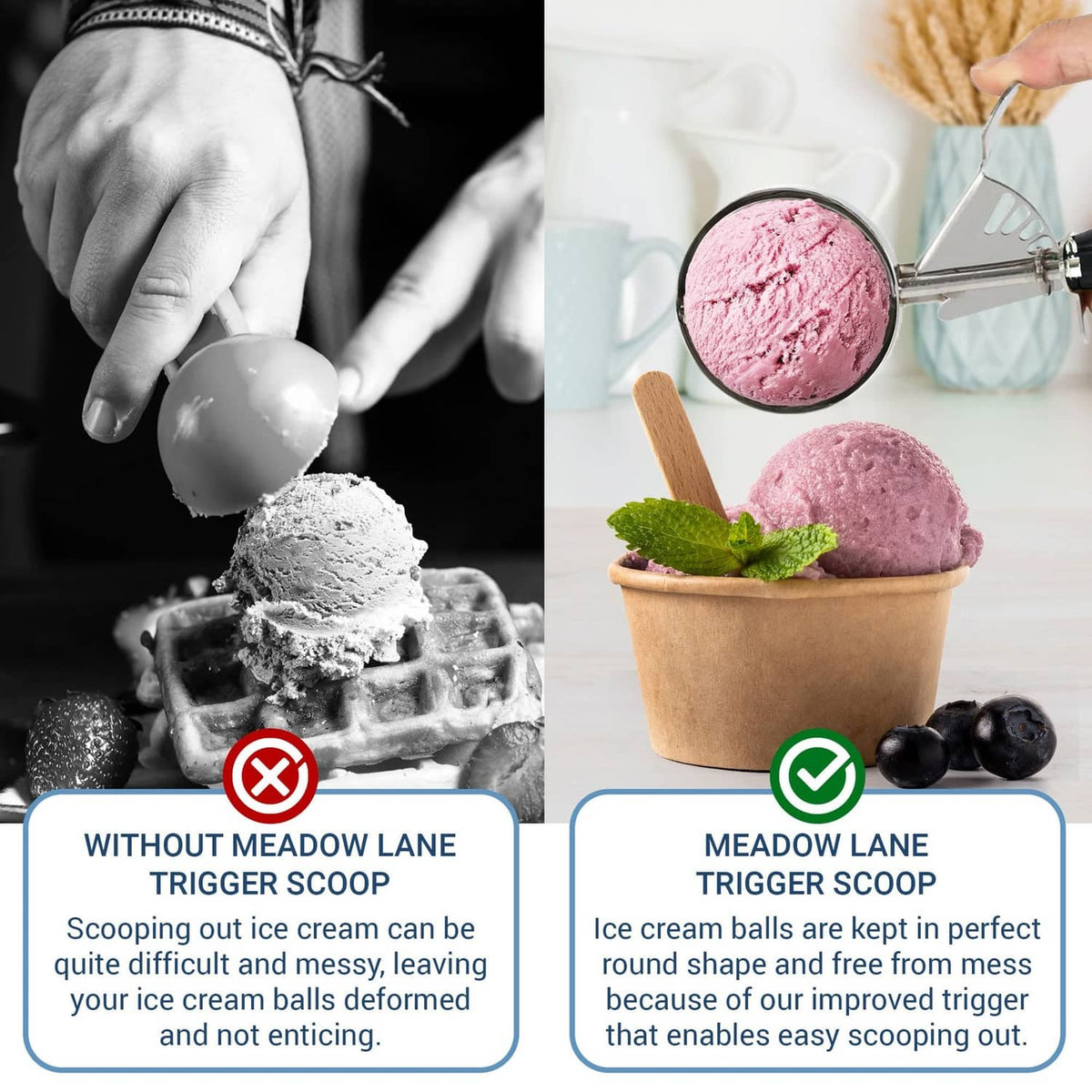 Black trigger scoop with stainless steel bowl scooping pink ice cream from a container