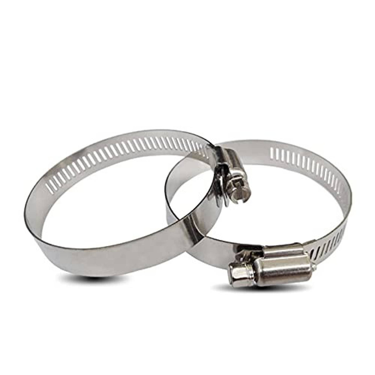 Pair of silver worm-drive hose clamps for black silicone hose coupler