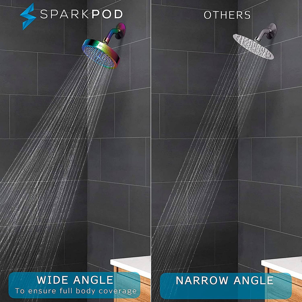 Rainbow 6-inch rain shower head producing wide and narrow water spray patterns