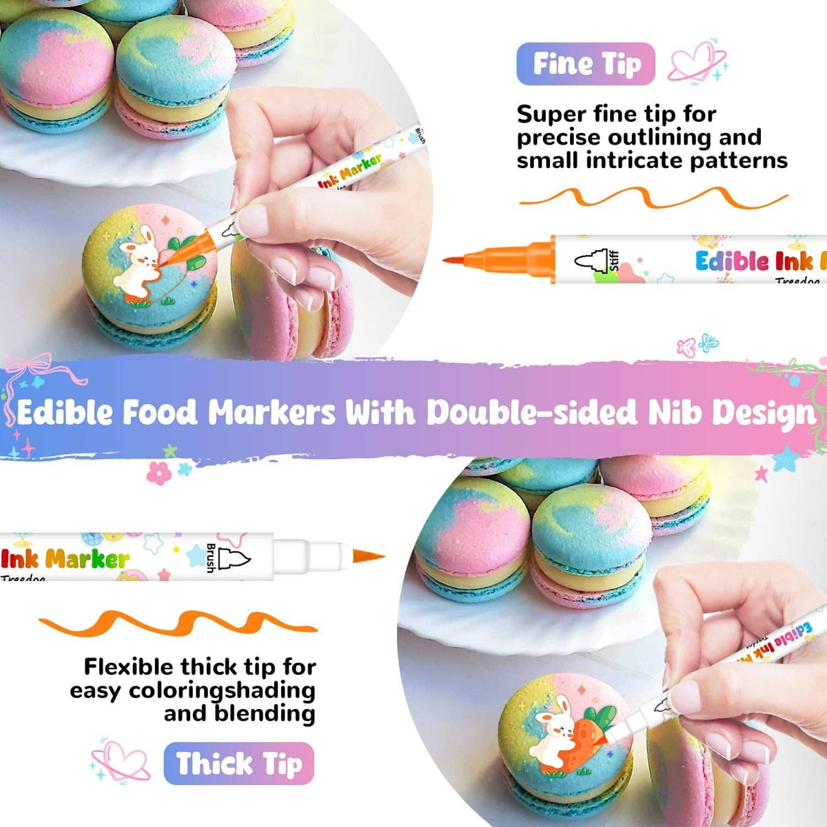 Edible ink marker with fine tip coloring detailed patterns on macarons