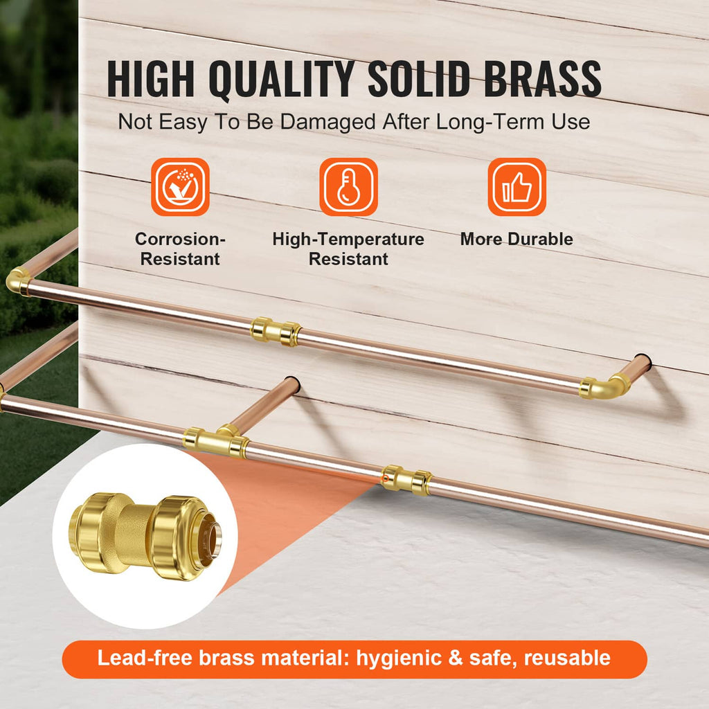 Gold brass straight-through push-fit fitting with corrosion-resistant and durable design