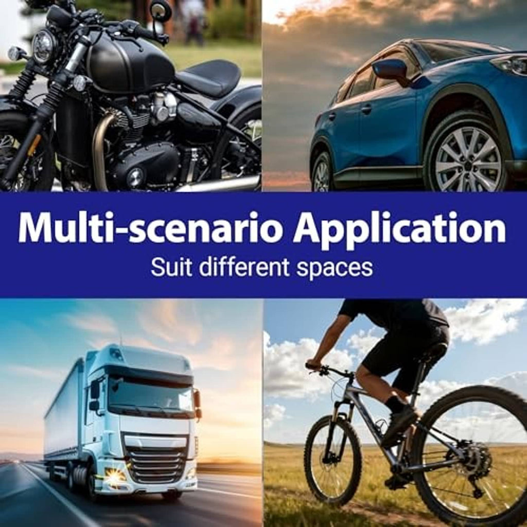 Brake bleeding kit shown on motorcycle, car, and bicycle brake systems in outdoor scenes.