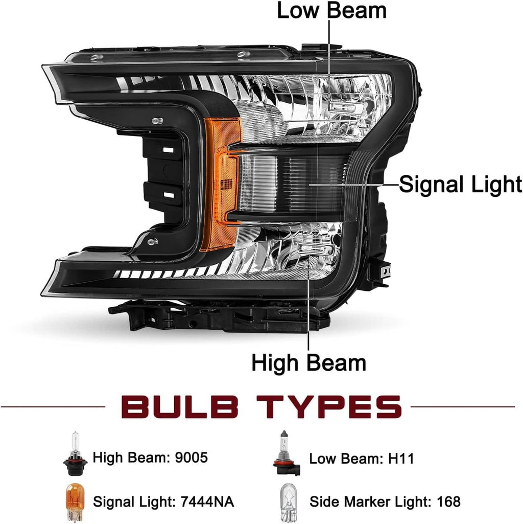 Black halogen headlight with clear lens and amber side marker, low/high beam reflectors