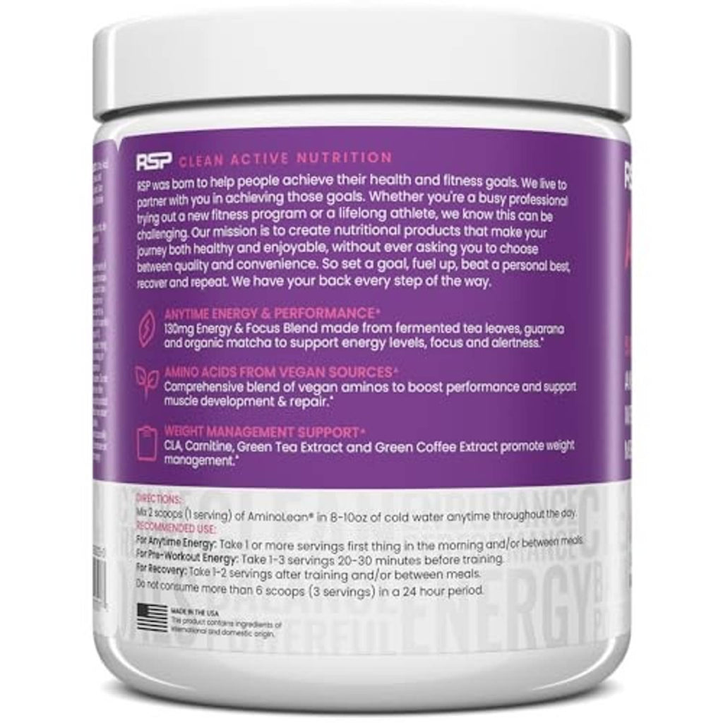 AminoLean pre-workout powder jar, back label with instructions and directions