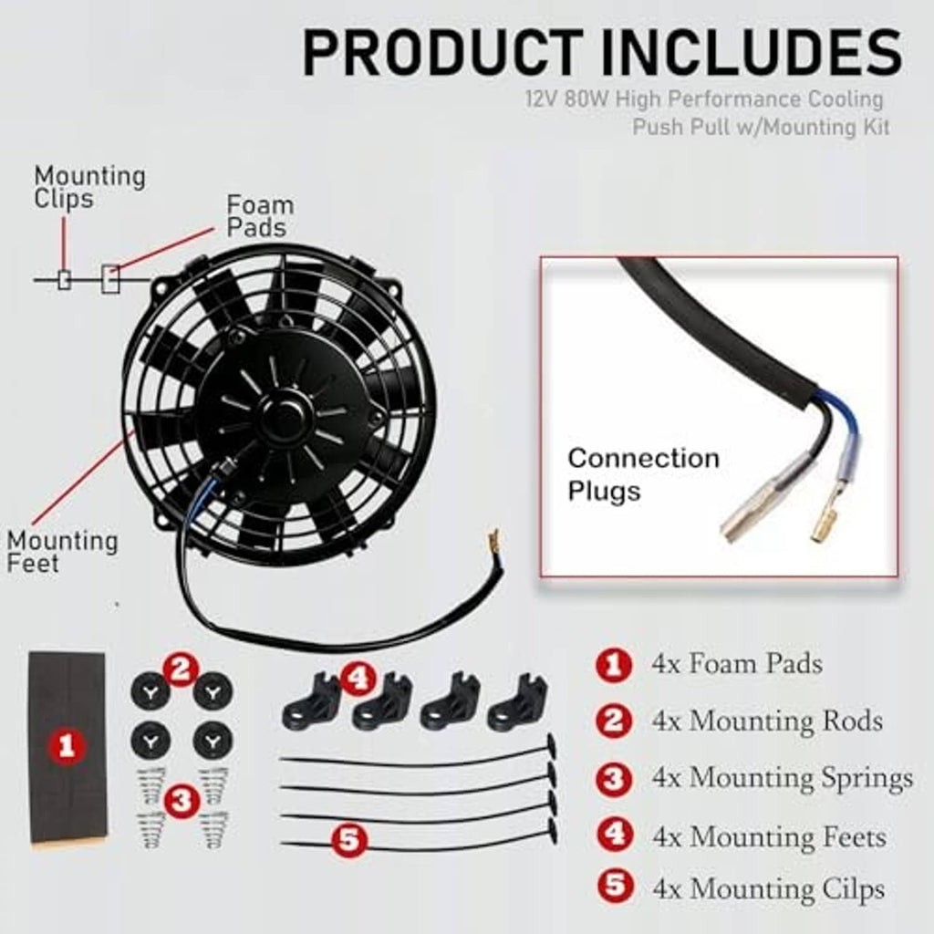 Radiator cooling fan kit with mounting clips, foam pads, and connection plugs